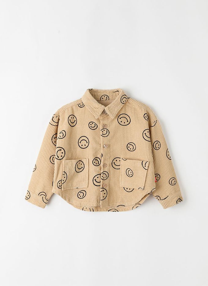 韓國 OZKIZ - 圓形笑臉印燈芯絨翻領長袖襯衫-卡其