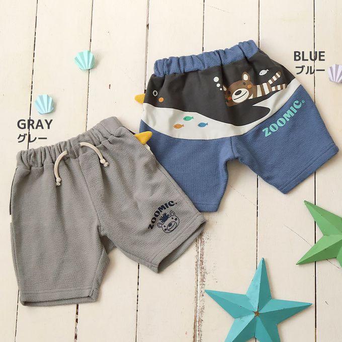 日本 ZOOLAND - 天竺棉海洋動物反摺格紋短褲-藍