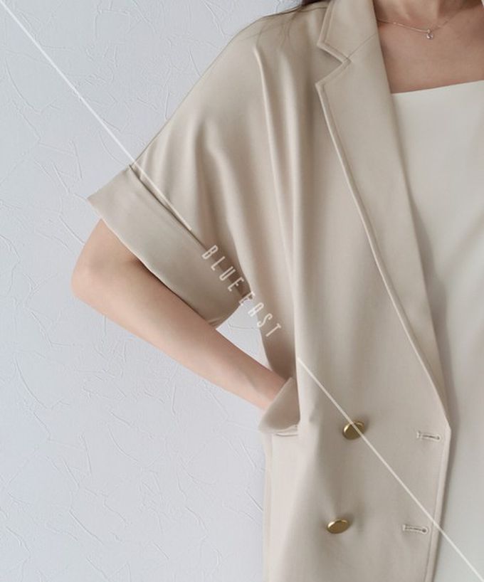 日本 BLUE EAST - 亞麻感氣質金釦短袖西裝外套-咖啡