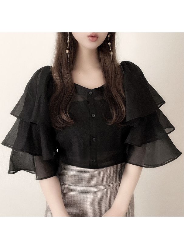 日本 GRL - 優雅層次袖設計長袖襯衫-經典黑