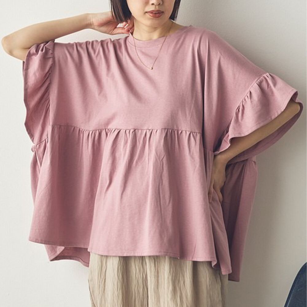100%棉 浪漫荷葉寬鬆休閒短袖上衣-粉紅