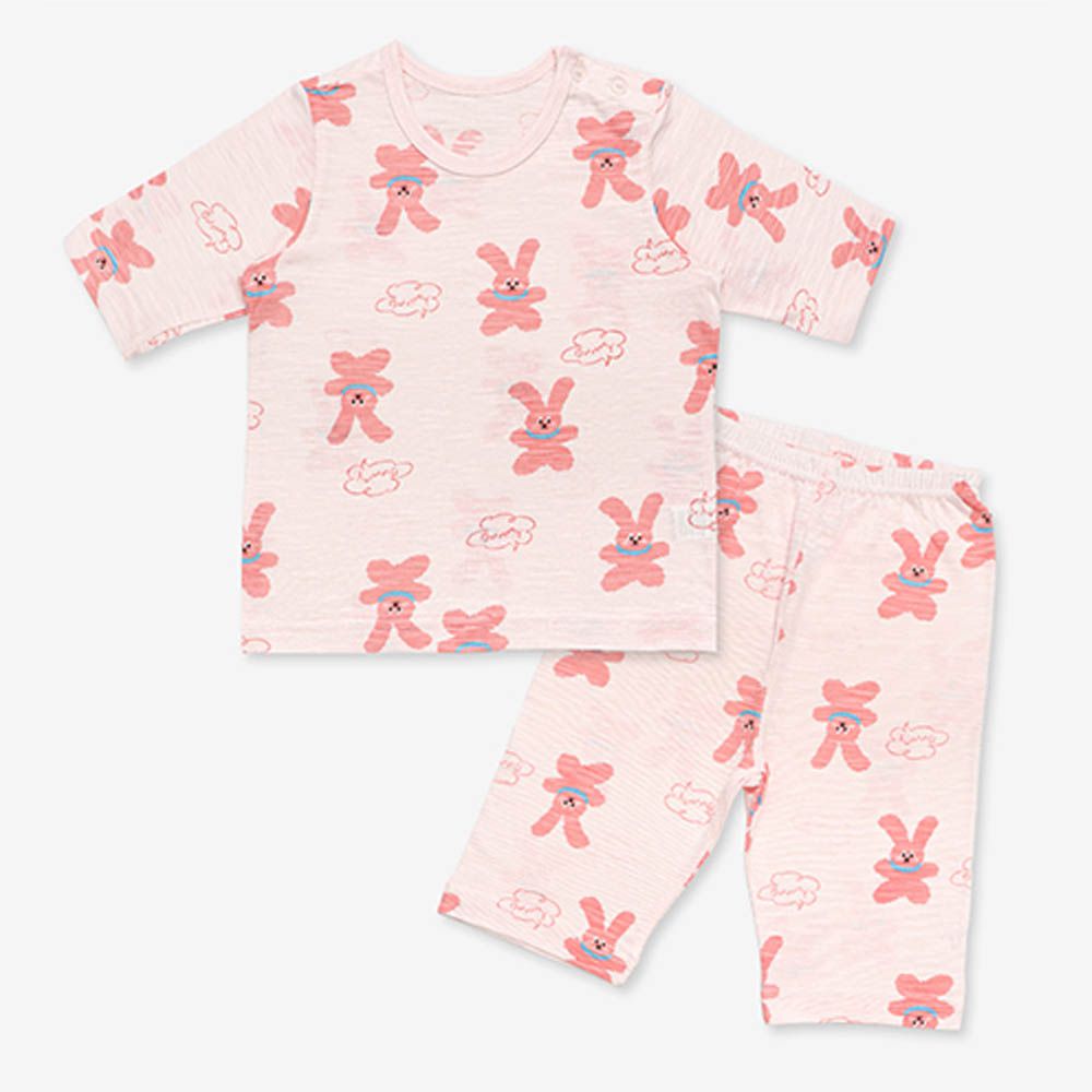 韓製莫代爾透氣7分袖家居服-滿版粉橘兔兔-粉