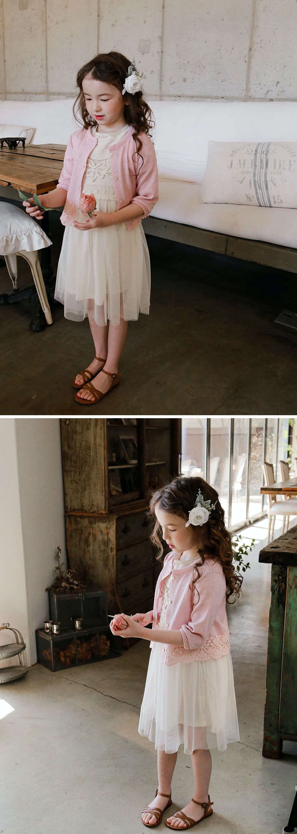 韓國 PuellaFLO - 鏤空花朵圓領網紗洋裝-米白