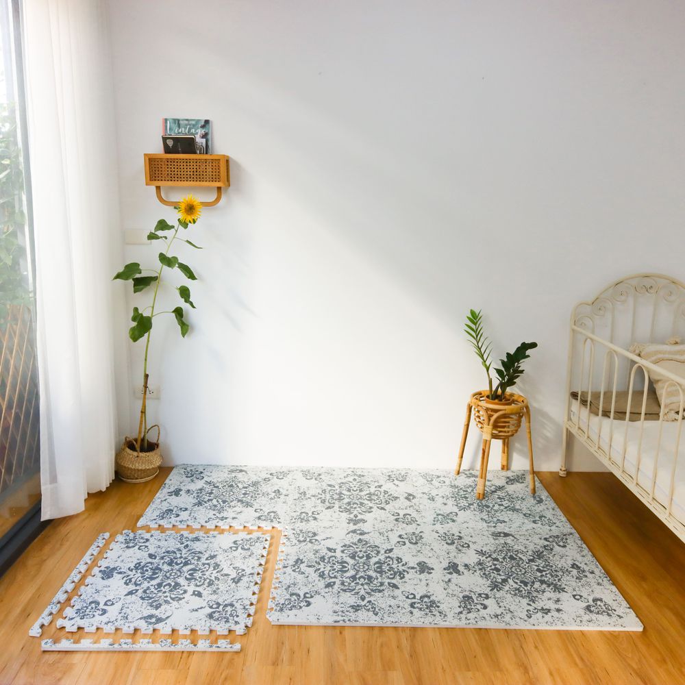 佼白銀月-波斯花系列巧拼地墊-深灰色 (單片62*62cm)-六片入