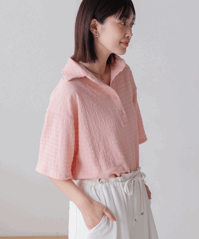 日本 Bab - 精緻紋理都會感五分袖上衣-粉紅