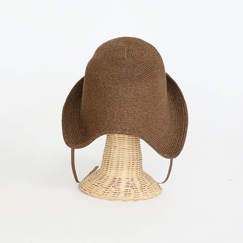 秀氣絲帶可翻摺編織遮陽帽-深咖啡