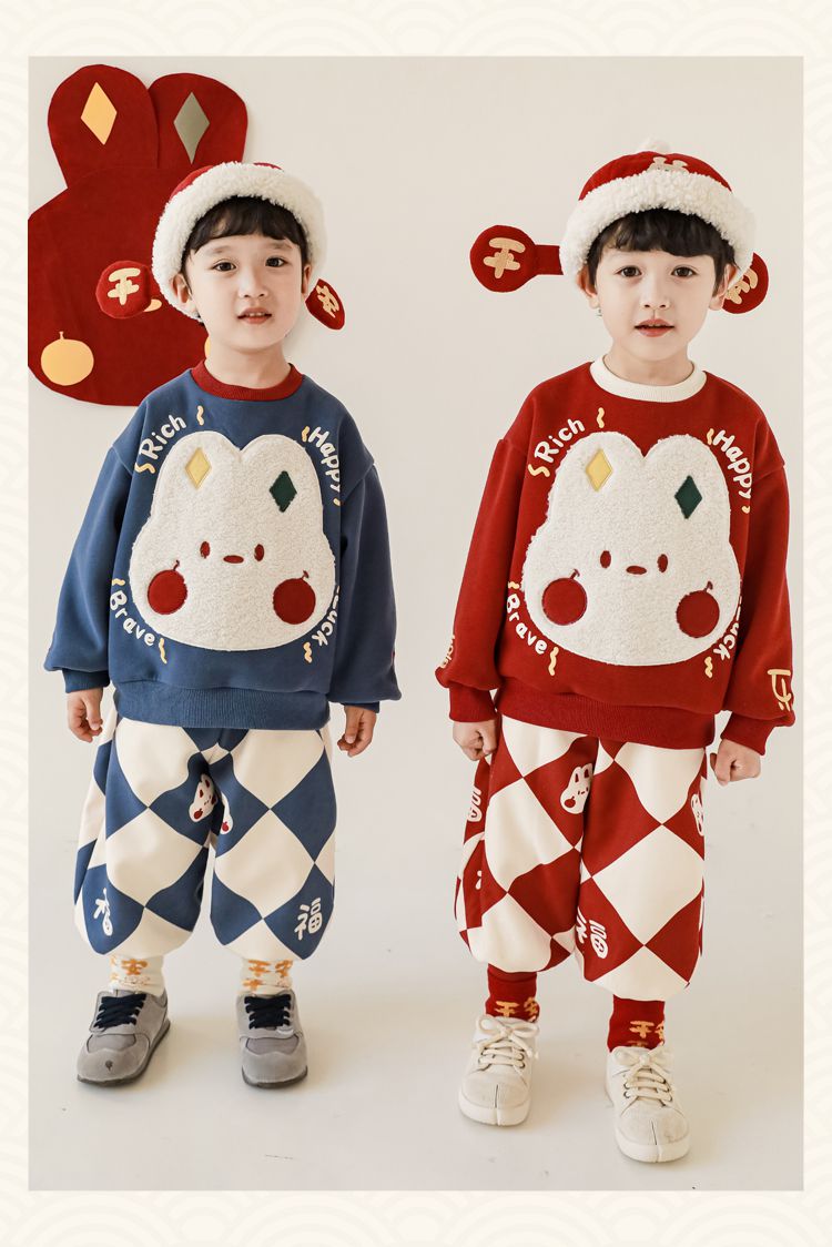 TONGMO - (加絨)喜氣腰鬆緊束口長褲-菱紋福氣兔兔-紅+杏