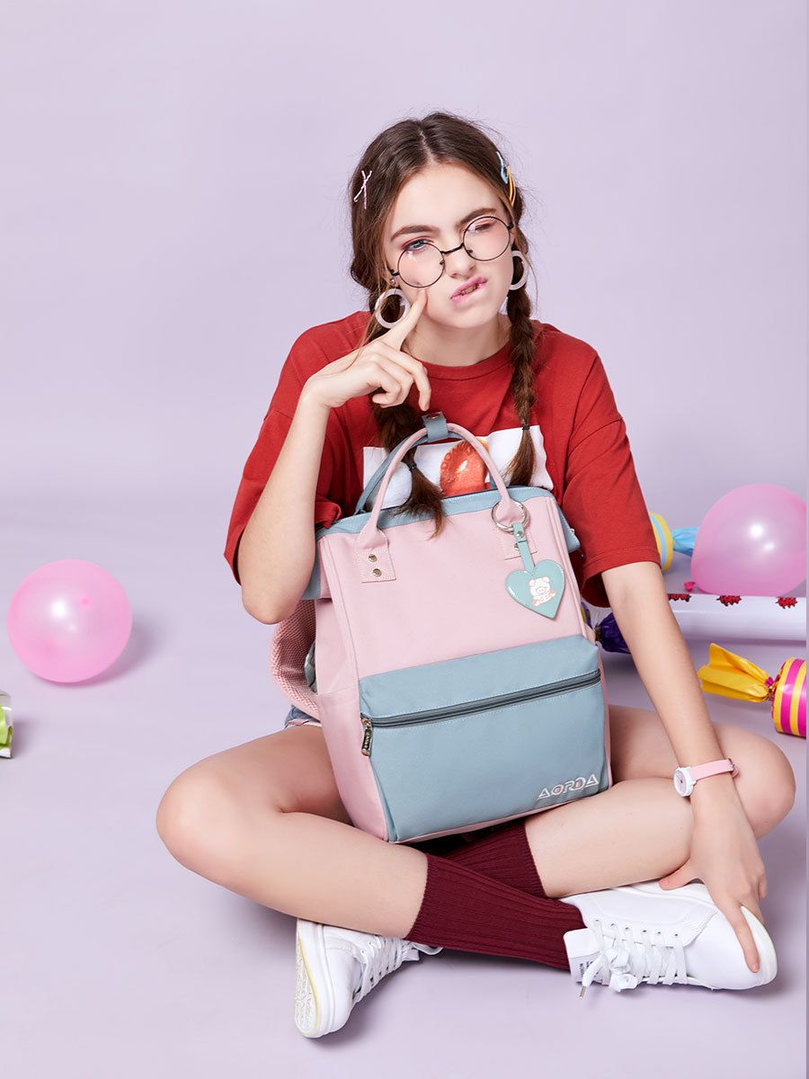 可愛撞色大開口書包-愛心兔子-粉色