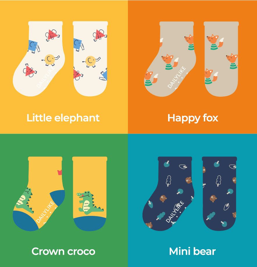 韓國 Daily Like - 兒童襪子/中筒襪4入組-捲邊款01
