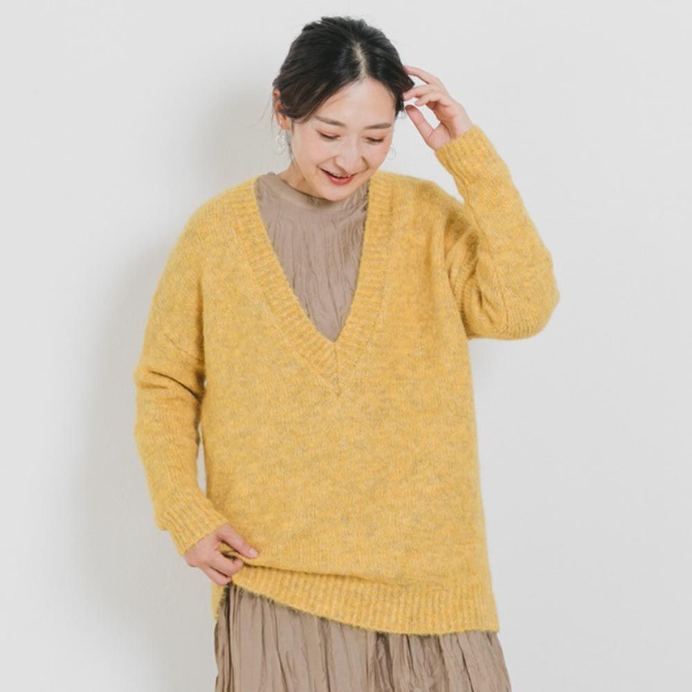 日本 ihuu - 柔軟深V領混羊毛針織上衣-黃
