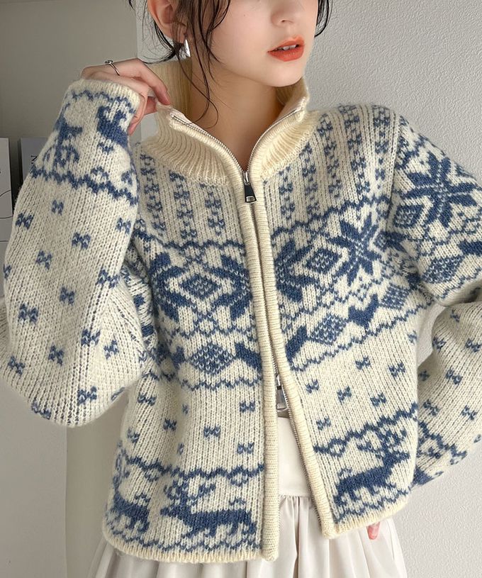 日本 Classical Elf - mily bilet 北歐雪花氛圍短版針織外套-綠x白