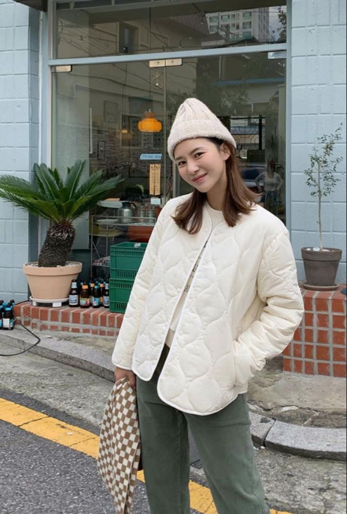 韓國 LANDING - 韓國製絎縫壓紋鋪棉圓領外套-象牙白 (FREE)