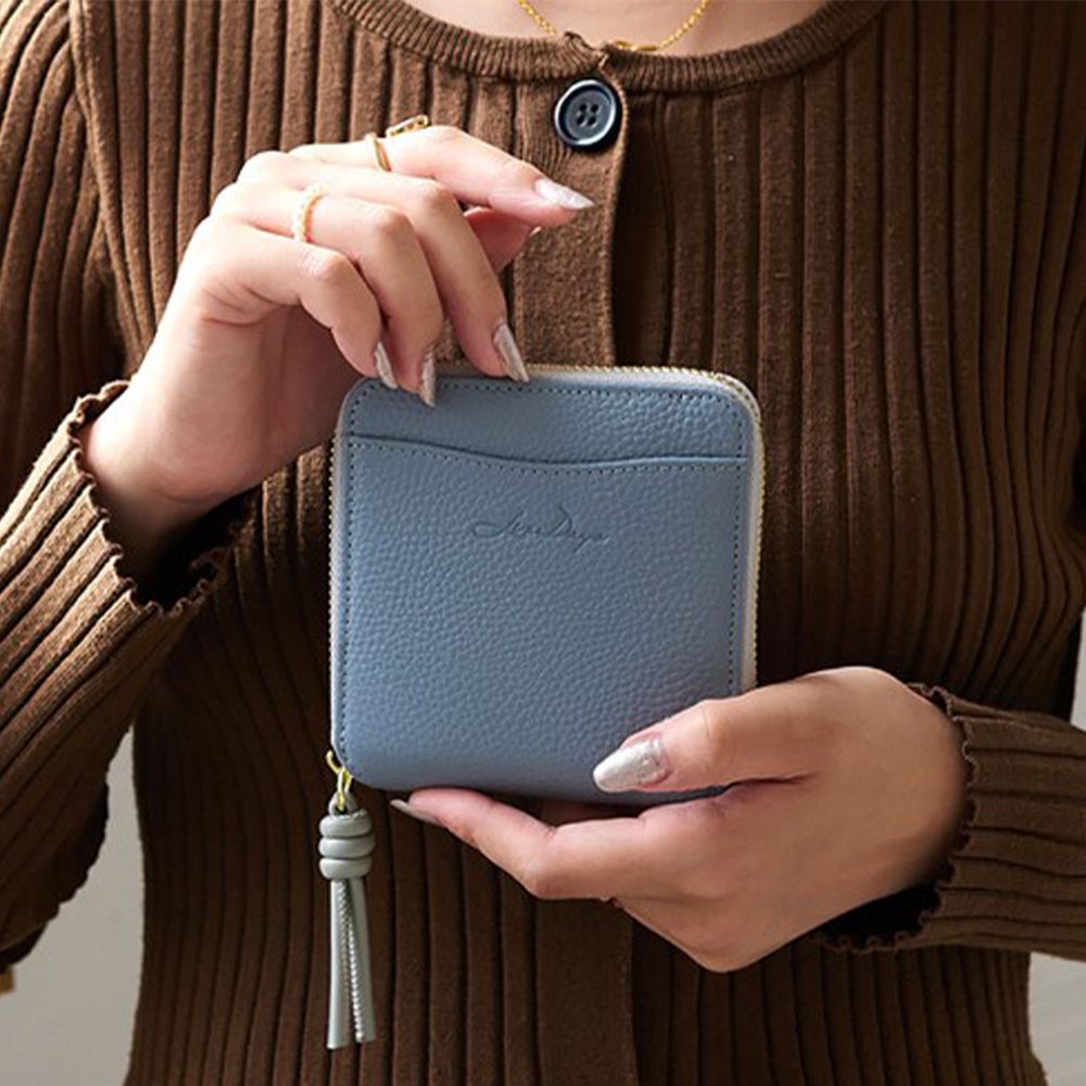 優雅輕量迷你真皮短夾(防盜設計)-煙燻藍x淺灰 (10.5x11cm)