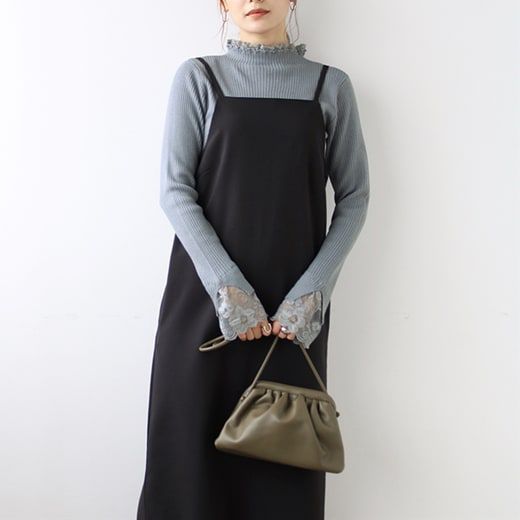 日本 BELLUNA - 優雅蕾絲拼接羅紋針織上衣-沙杏