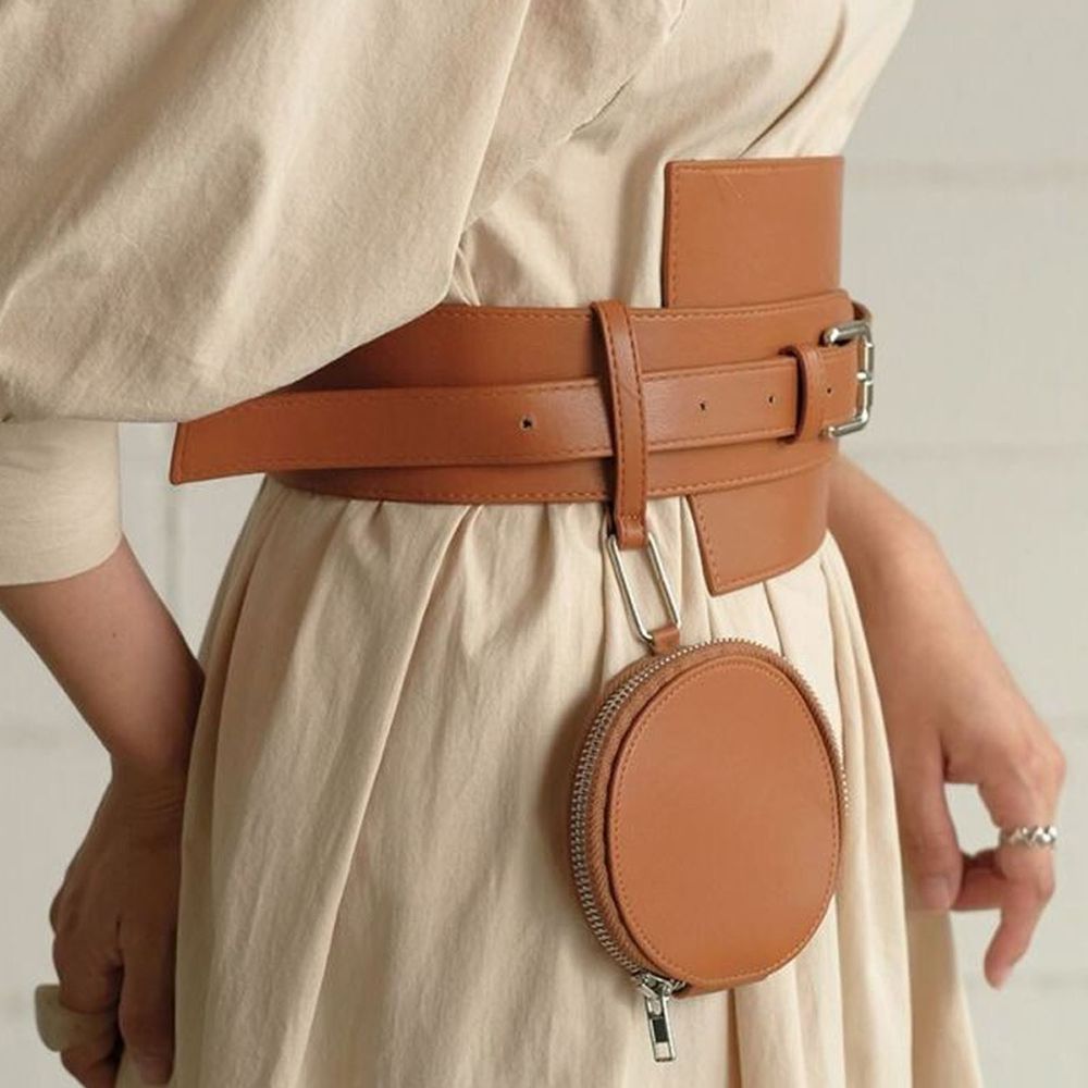 日本 Bou Jeloud - 設計感仿皮腰封腰帶-附同色系零錢包-焦糖