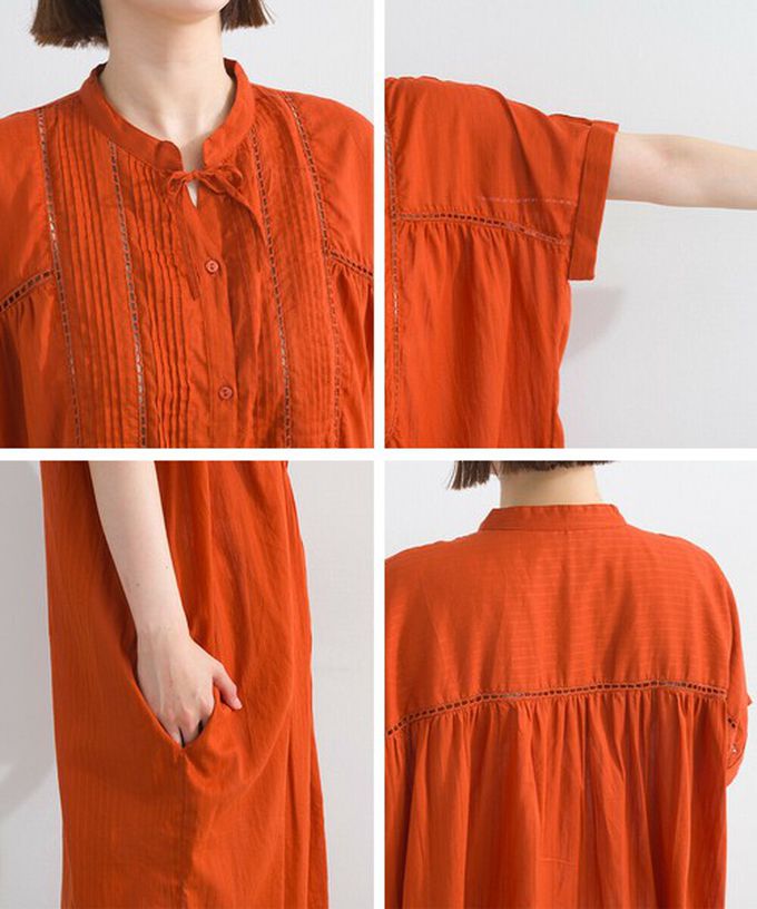 日本 Lupilien - 100%印度棉 細緻鏤空蝴蝶結短袖洋裝-卡其棕