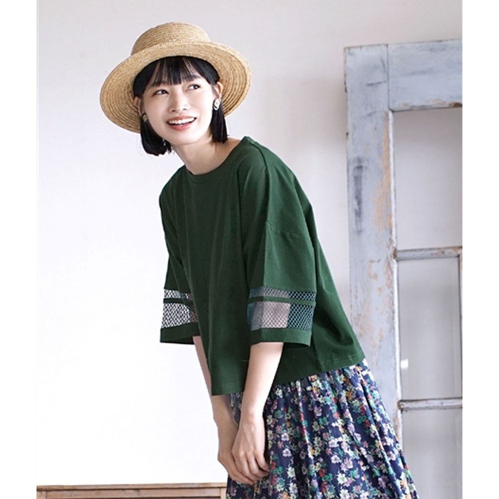 日本 zootie - 網格拼接五分袖寬版上衣-墨綠