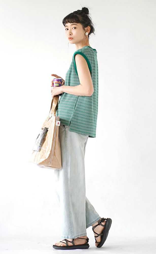 日本 zootie - 圓領修飾簡約編織無袖上衣-條紋-草綠