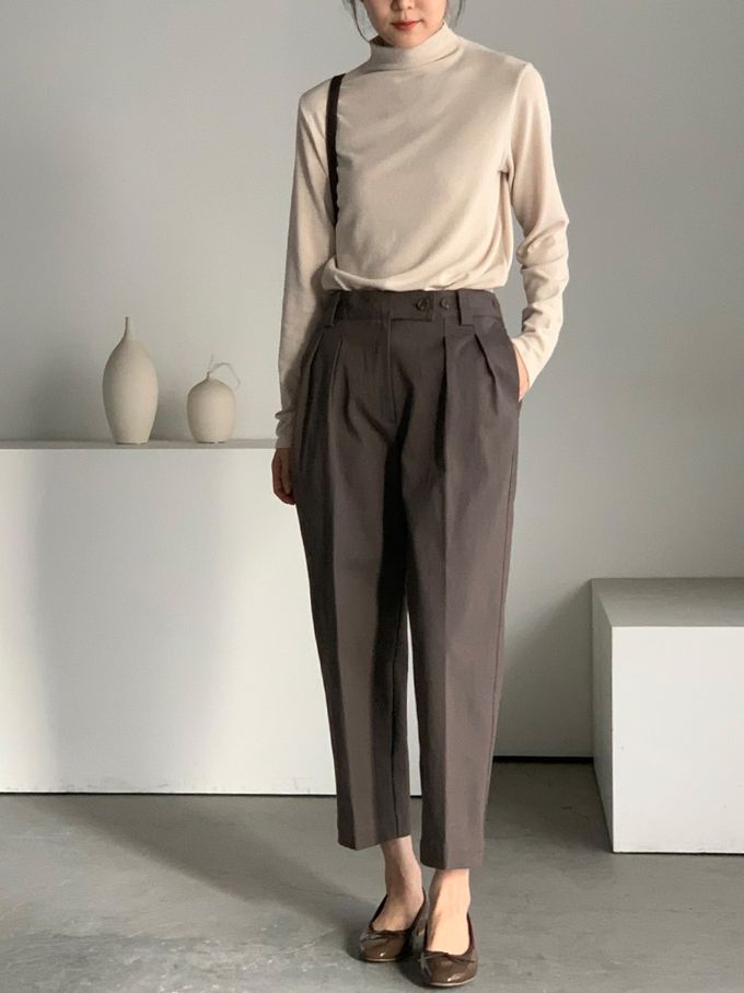 韓國女裝連線 - 百搭中領混羊毛長袖上衣-米杏 (FREE)