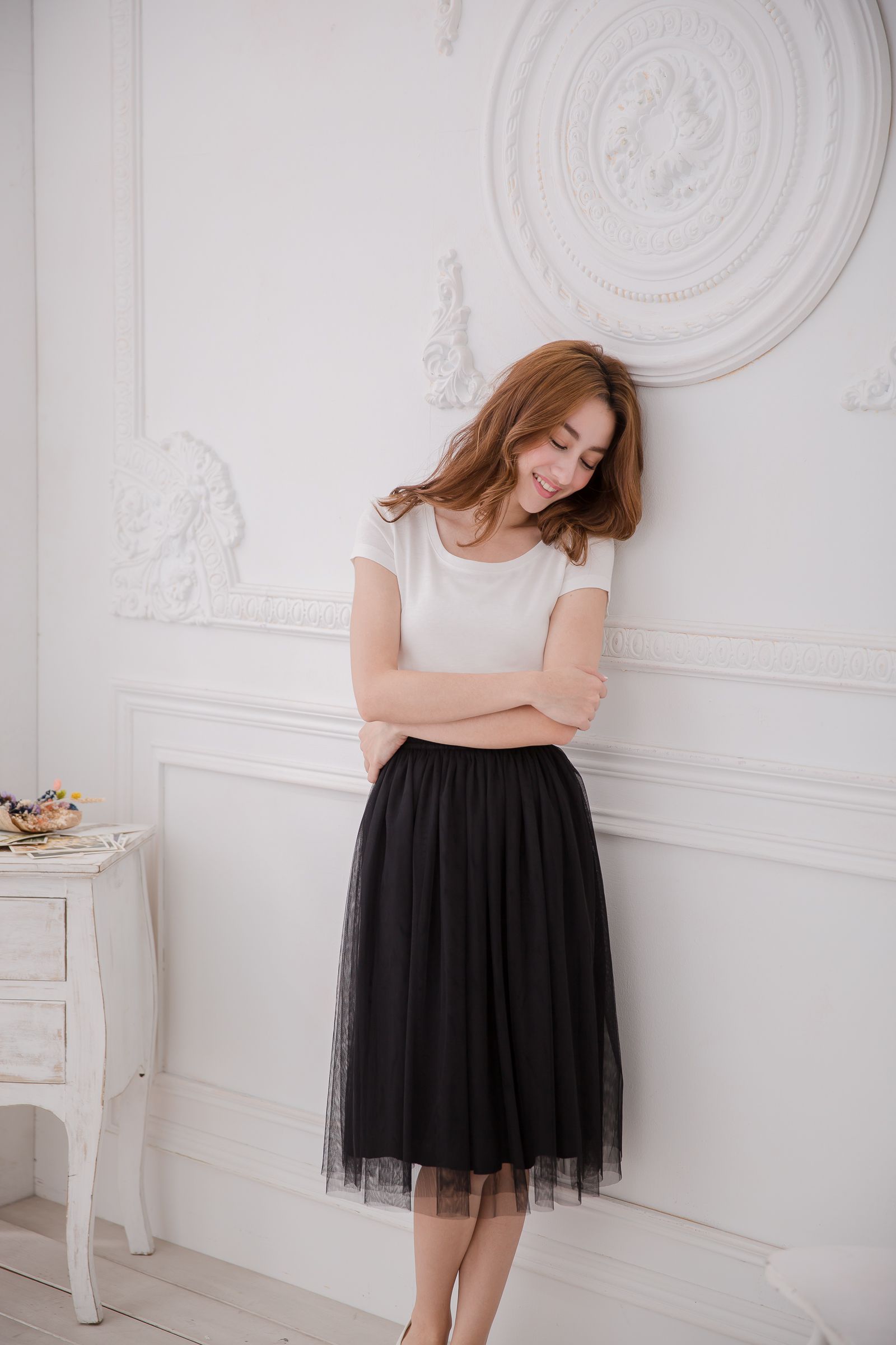 Peachy - 獨家訂製綿柔半身紗裙-半身中長版-華麗黑 (F)