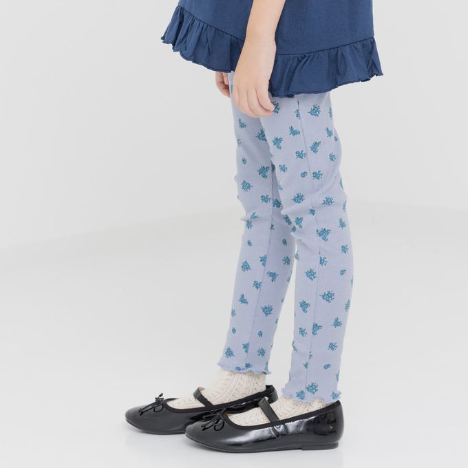 日本 Chil2 - 滿版印花羅紋合身內搭褲-花草-淺藍