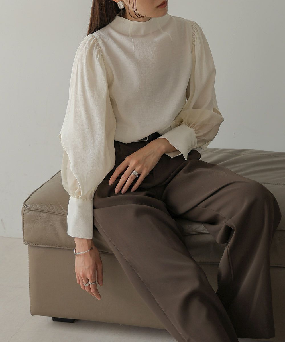 日本 Bab - 柔美紗拼接袖雪紡上衣-深可可