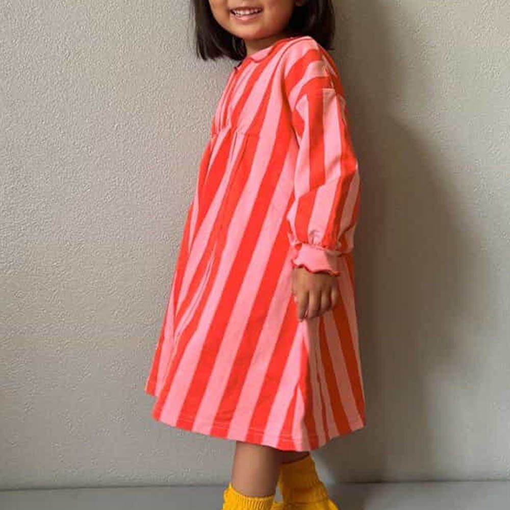 100%棉 可愛復古印花木耳領長袖洋裝-條紋-粉紅X紅