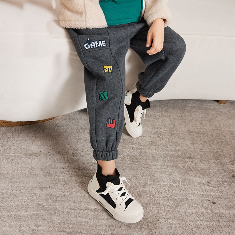 加絨腰鬆緊休閒保暖束口長褲-GAME-深灰色