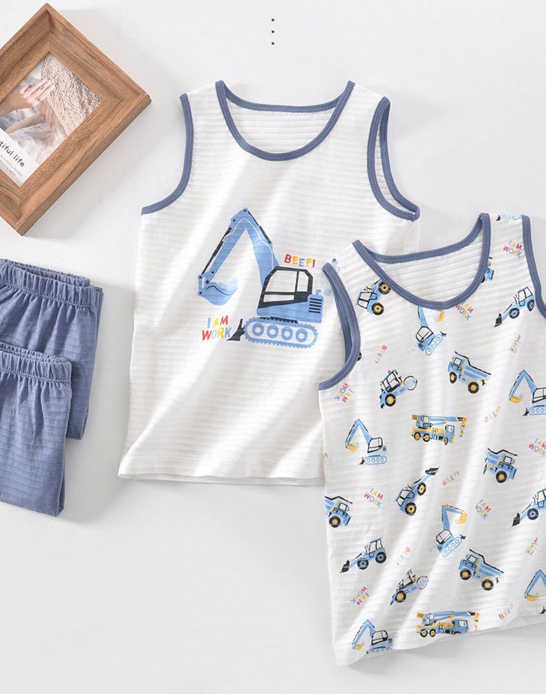 MAMDADKIDS - 竹節棉無袖套裝/家居服-挖掘機-白色