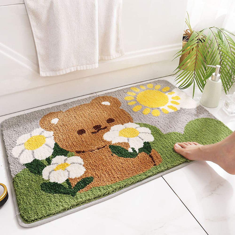 快速吸水植絨浴室腳踏墊-小棕熊與花