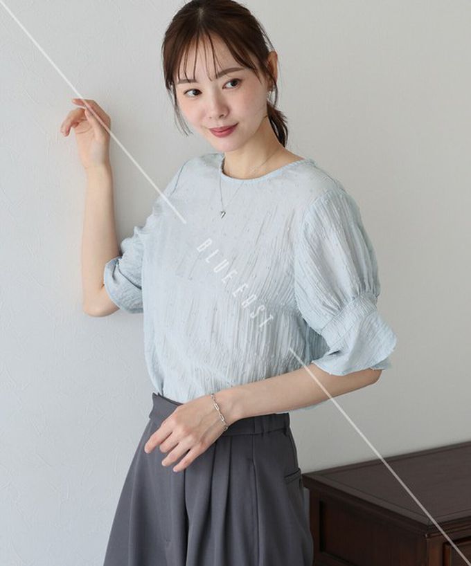 日本 BLUE EAST - 細緻圓點緹花透膚短袖上衣-黑