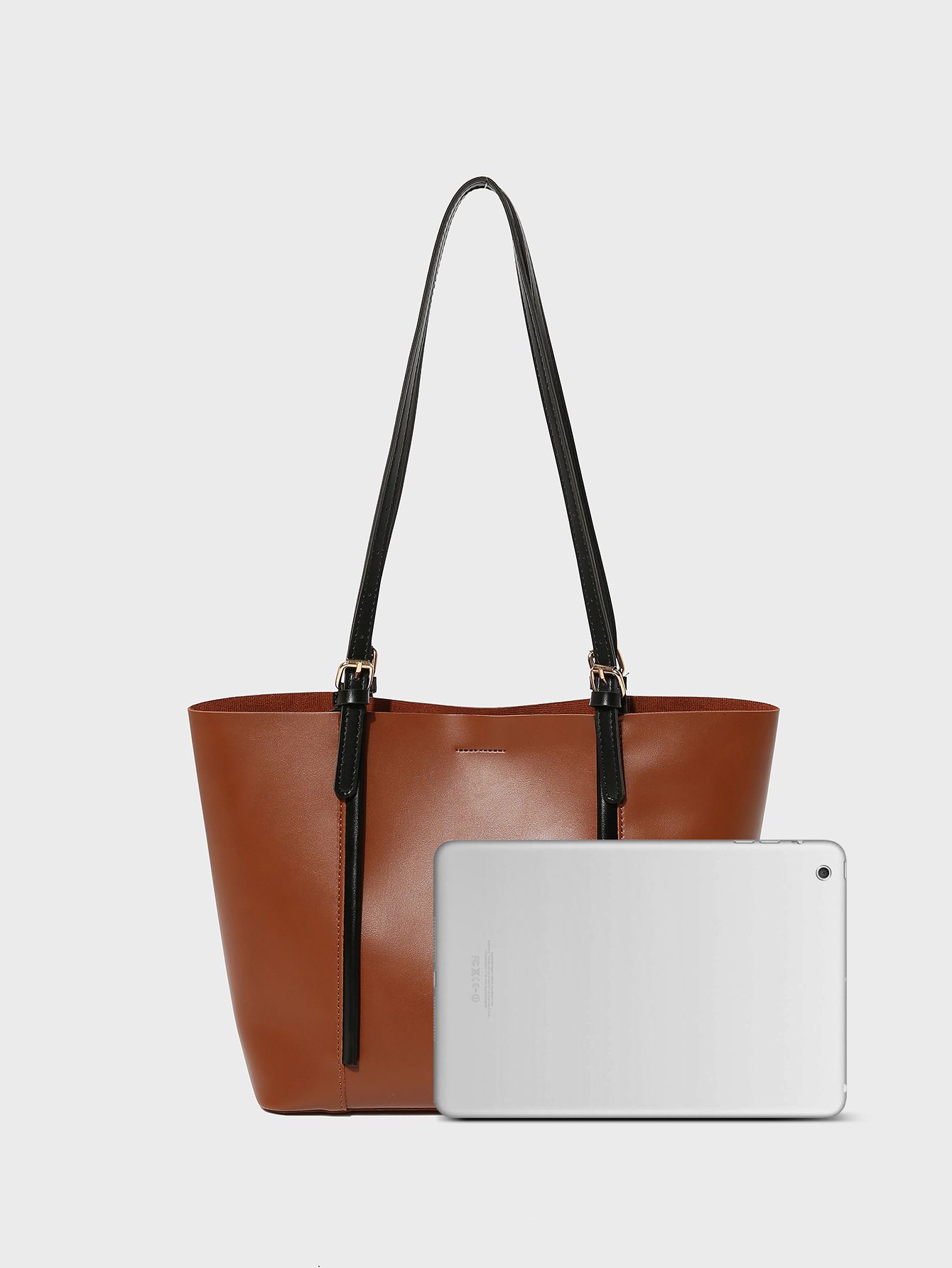 歐美風復古大容量單肩托特包-側邊小口袋-棕+黑 (26x29x12cm)