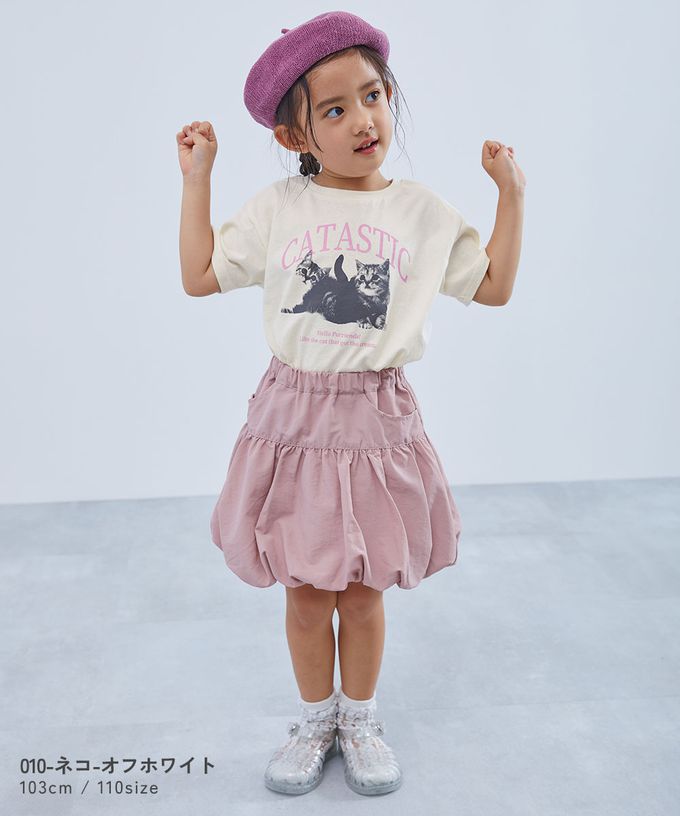 日本 devirock - 100%棉 可愛女孩印花短袖上衣-貓咪-藍紫