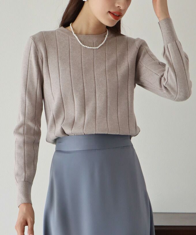 日本 BLUE EAST - 坑條圓領針織上衣-紫