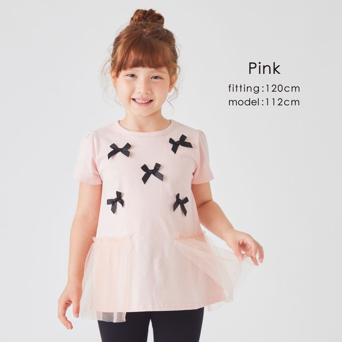 日本 evercloset - 蝴蝶結薄紗拼接短袖上衣-粉紅