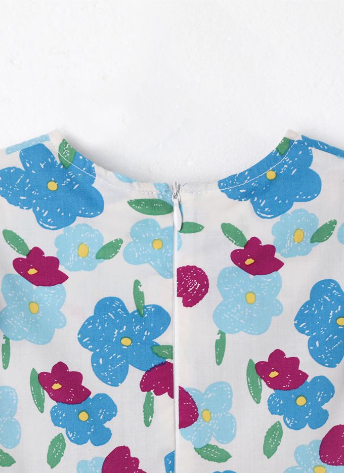 韓國 OZKIZ - 塗鴉花荷葉拼袖連身洋裝-灰藍