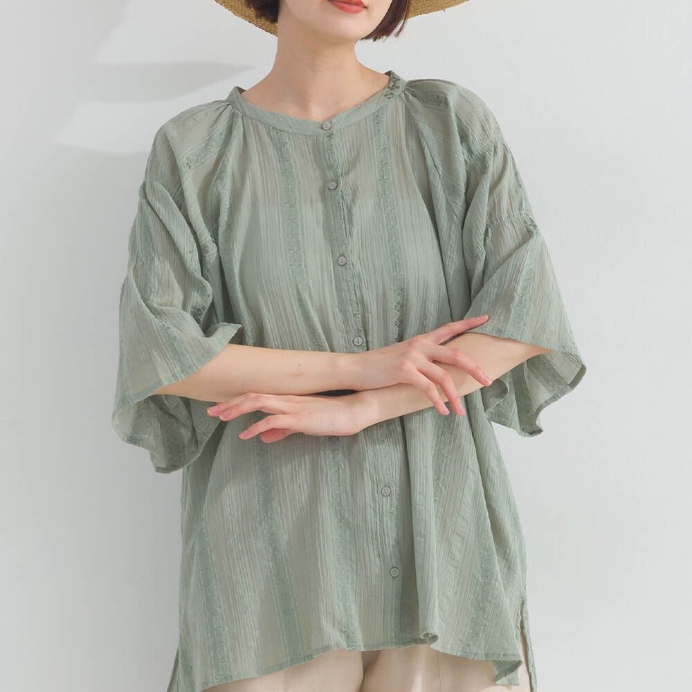 柔軟嫘縈緹花分層五分袖上衣-薄荷綠