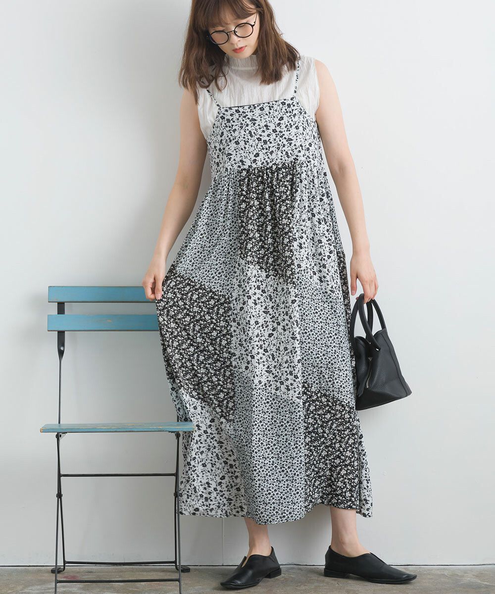 日本女裝代購 - 質感碎花拼接吊帶裙/洋裝-經典黑