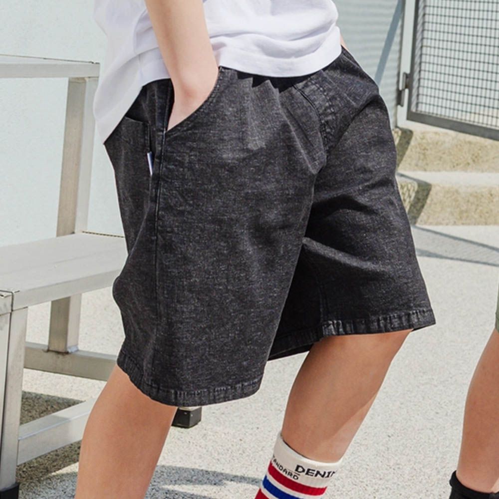 鬆緊腰經典丹寧過膝褲-黑