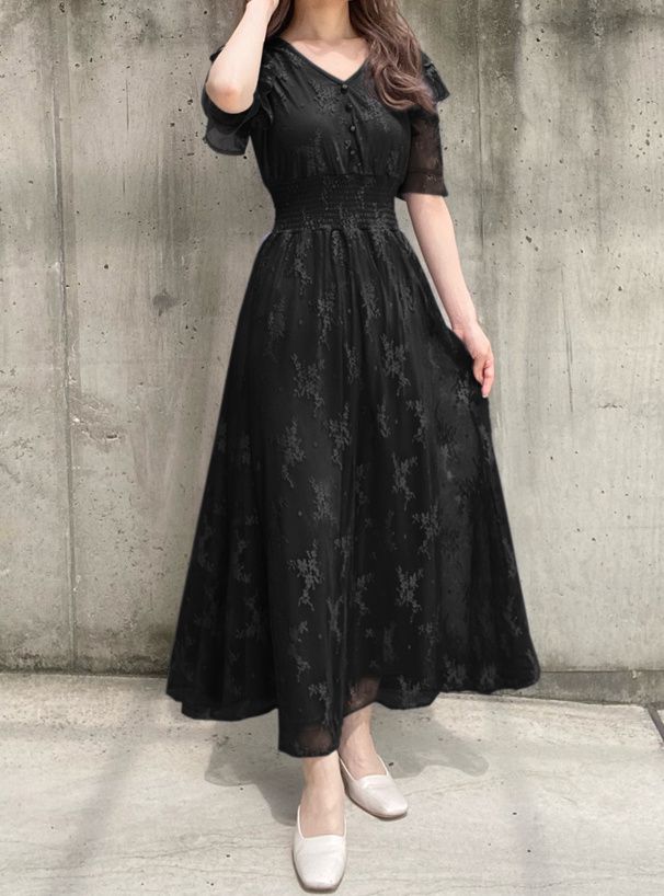 日本 GRL - 浪漫花刺繡薄紗短袖洋裝-星塵藍