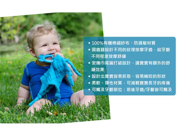 美國 green sprouts - 小綠芽固齒器與100%有機棉細紗布安撫巾 二合一-水藍