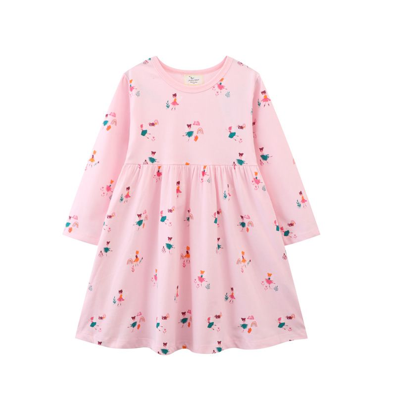 Jumping meters - 棉質圓領長袖連身洋裝-跳舞的花精靈-粉色