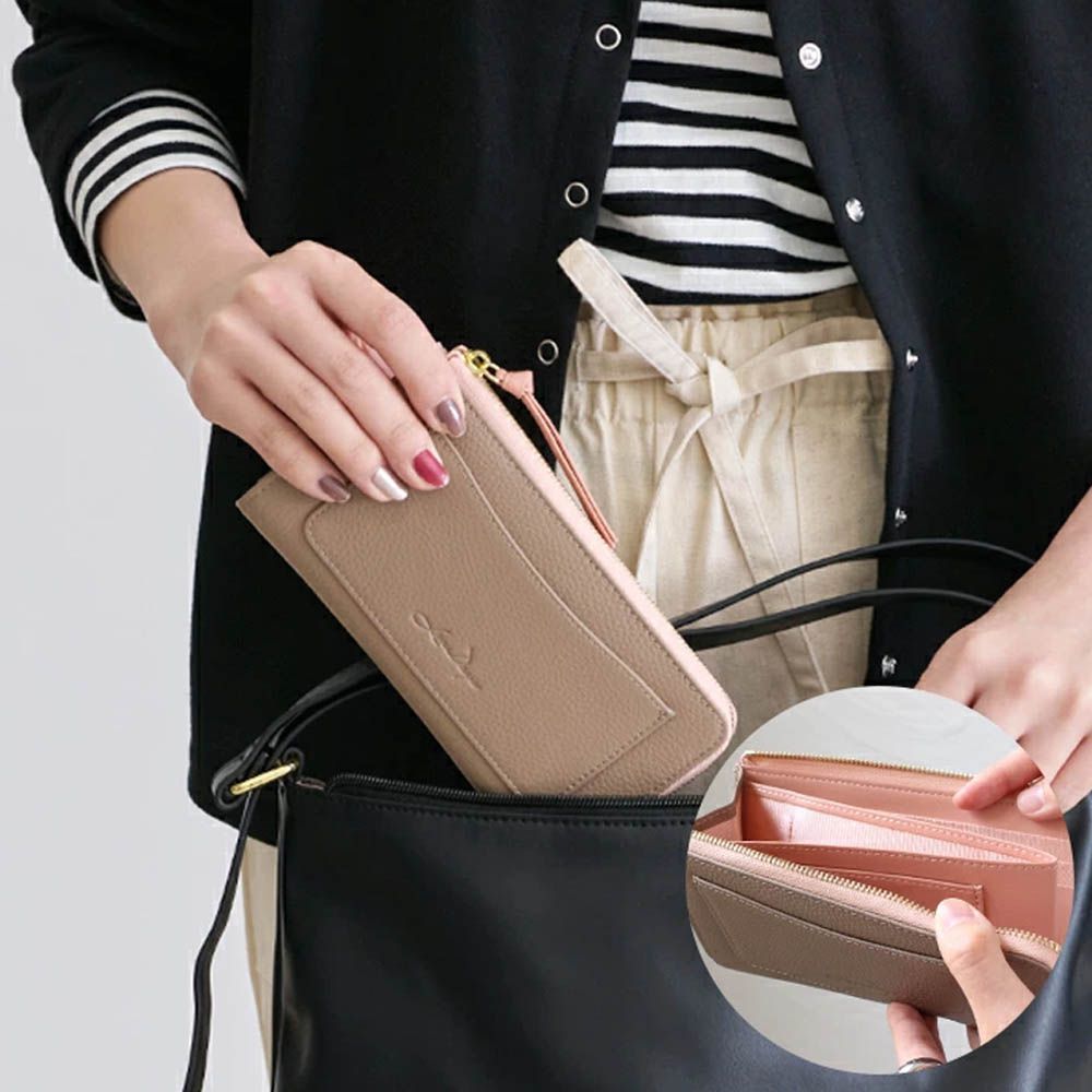 極輕巧-3cm薄型雅緻真皮長夾-卡其x粉 (17.3x9.2cm)