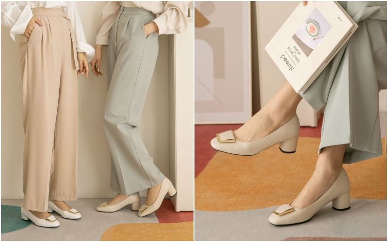 韓國 PINKELEPHANT - 金框裝飾低跟鞋(5cm)-杏