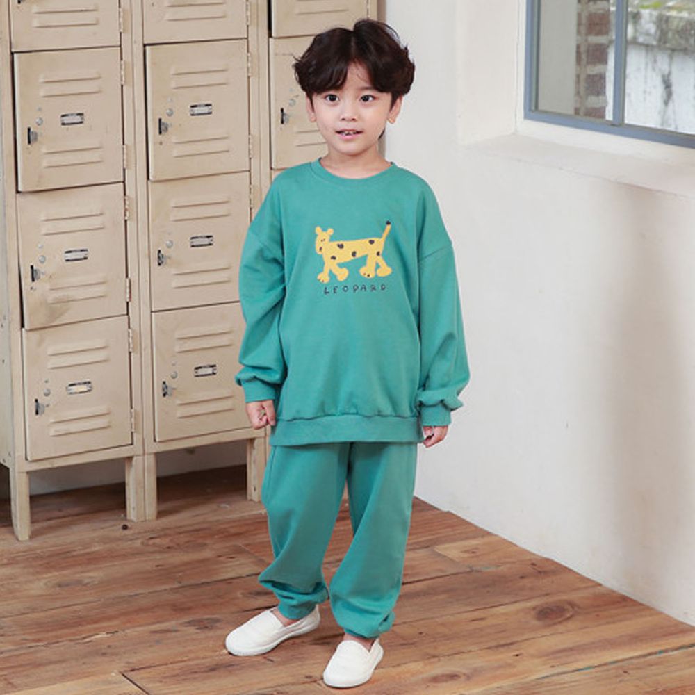 韓國 Ppippilong - 純棉休閒套裝-綠色花豹