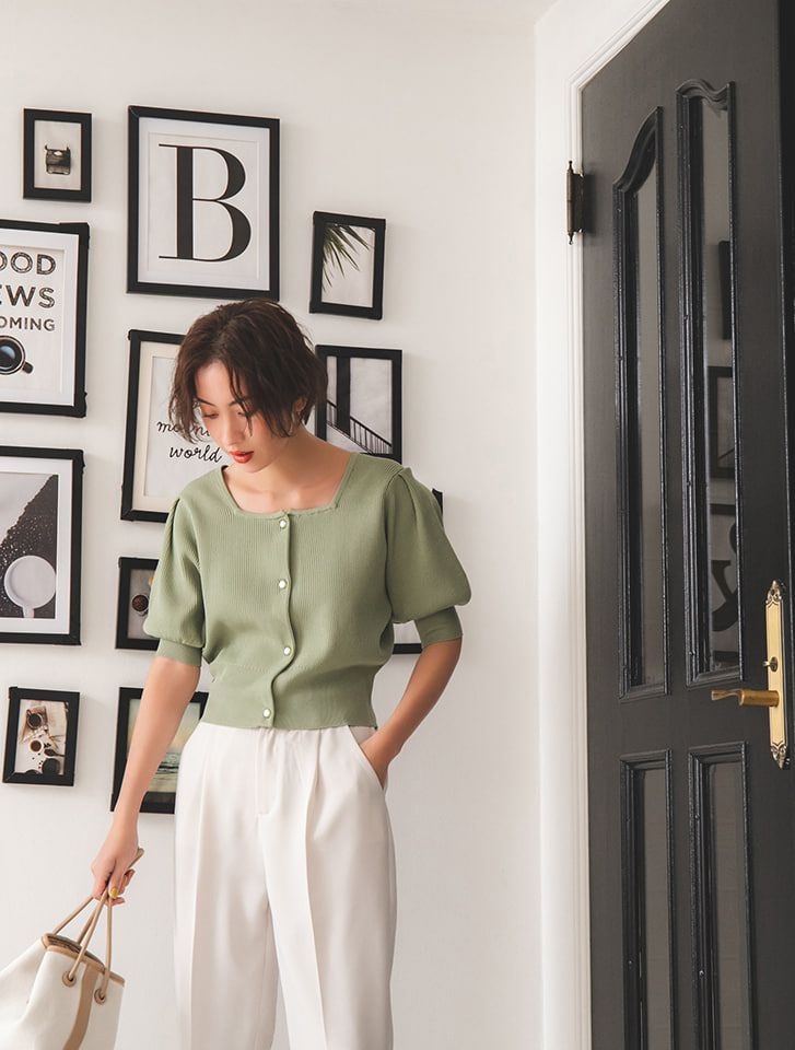 日本 fifth - 方形領顯瘦五分澎袖羅紋上衣-綠