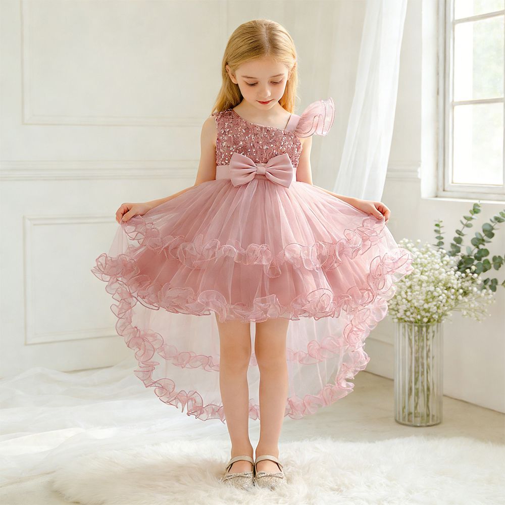 單肩亮片飾邊前短後長網紗禮服-粉色