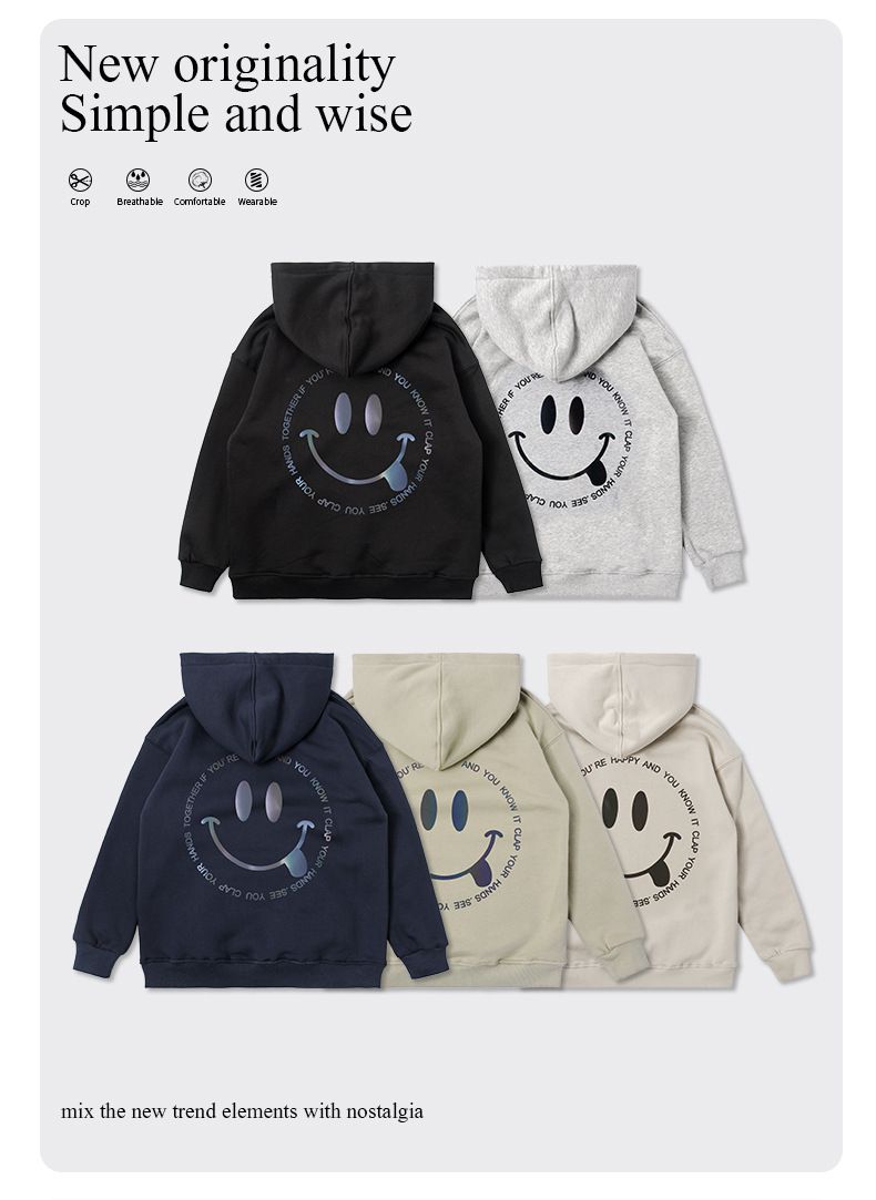 加絨連帽長袖大學T-笑臉-灰色