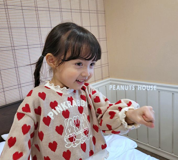 韓國 Peanuts House - 滿版愛心兔兔花領澎袖針織上衣-紅