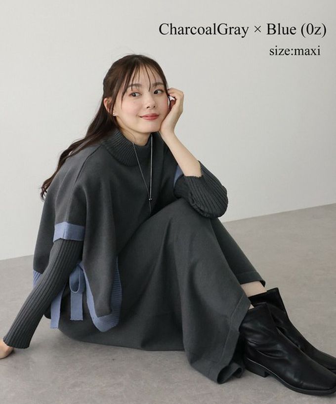 日本 BLUE EAST - [經典款]氣質針織斗篷綁帶長袖洋裝2件組-灰棕